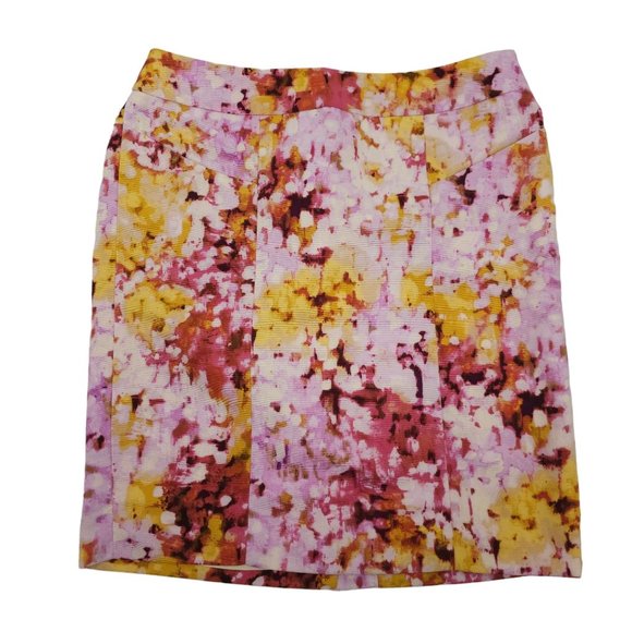 Ann Taylor Loft Floral Petite Pencil Skirt Womens 0P Lined Side Zip Pink Yellow - Picture 1 of 16